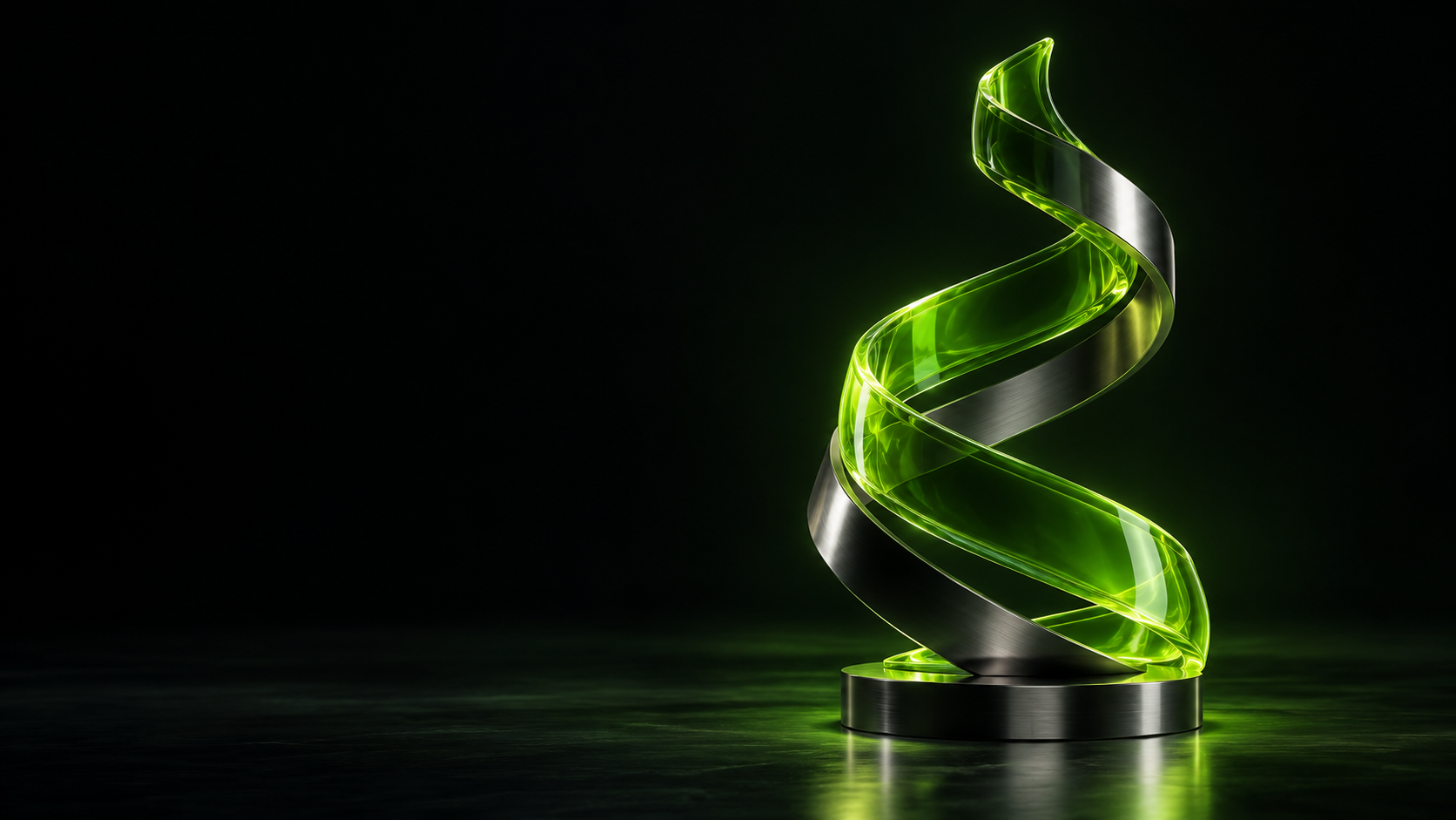Ascending lime glass and metal ribbon sculpture